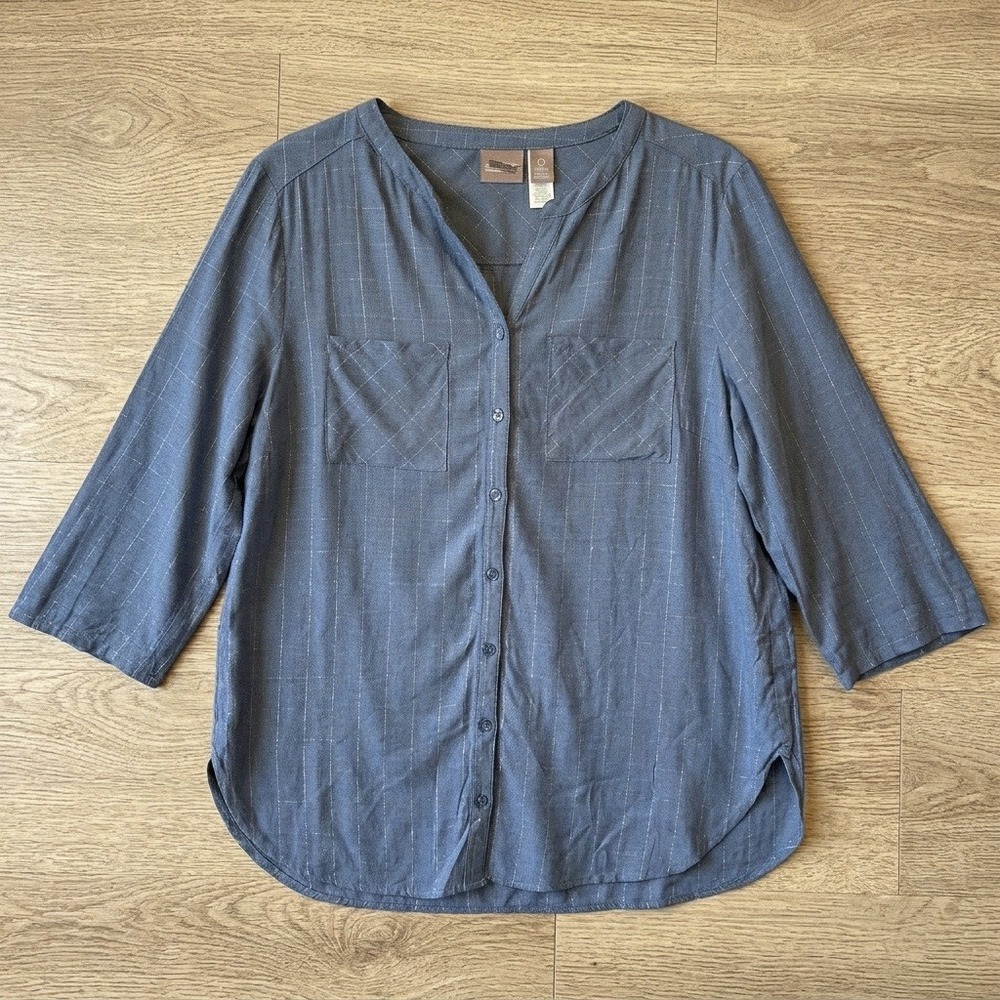 Chicos Button Up Blouse Small Womens‎ 0 Blue Roll Tab Workwear Coastal Office
